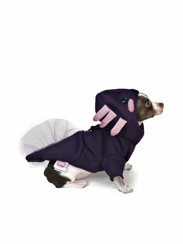 Dog wearing purple axolotl hoodie costume