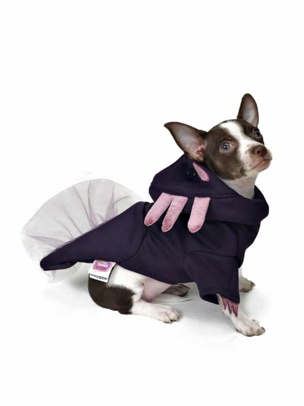 Dog wearing purple axolotl costume looking sideways
