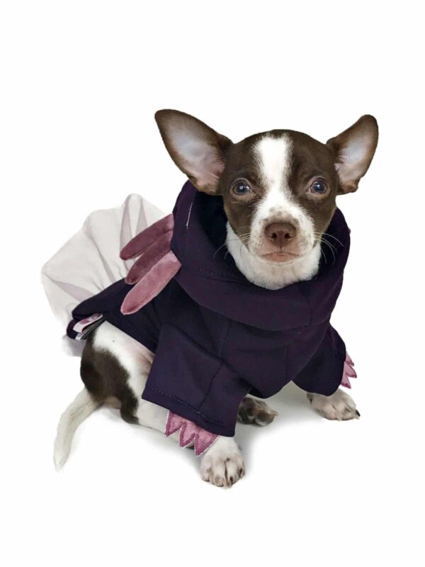 Dog wearing purple axolotl costume with hoodie down