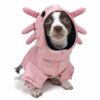 Dog wearing pink axolotl hoodie costume