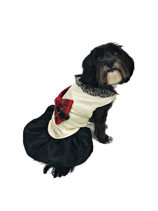 Side view of dog with dress featuring red tartan bow with black skirt