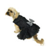 Dog wearing black formal dress looking left