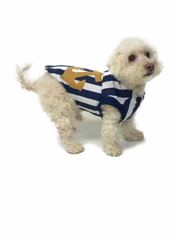 Dog wearing nautical themed striped top