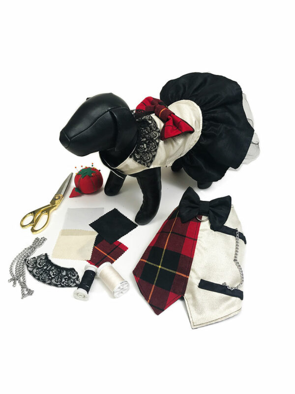 Dog dress with tartan bow and production materials