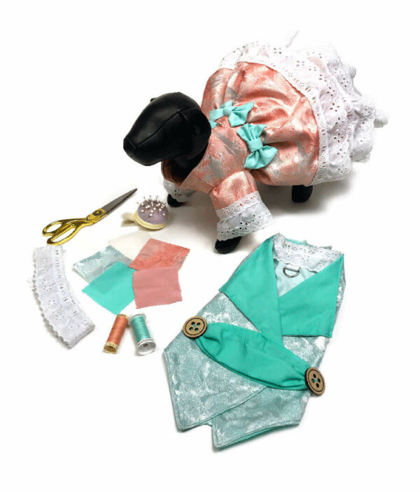 Formal dog gown with production materials