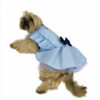 Dog with blue ruffle dress laying down