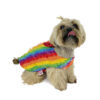Dog wearing rainbow colored tulle top
